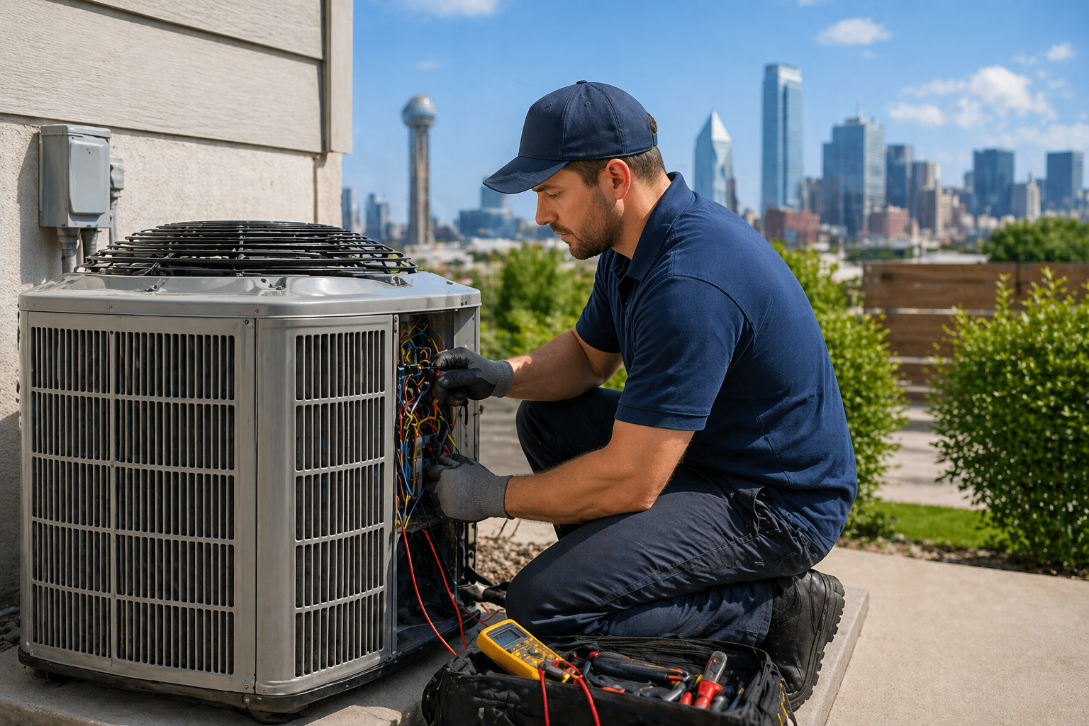 Technician servicing HVAC unit outdoors