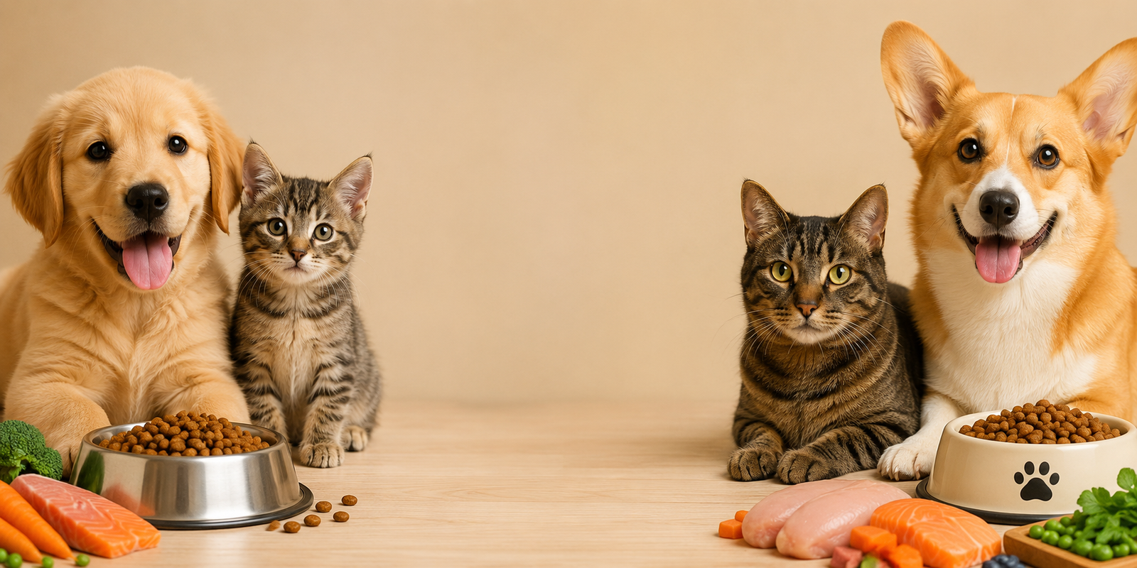 Friendly pets with pet food spread