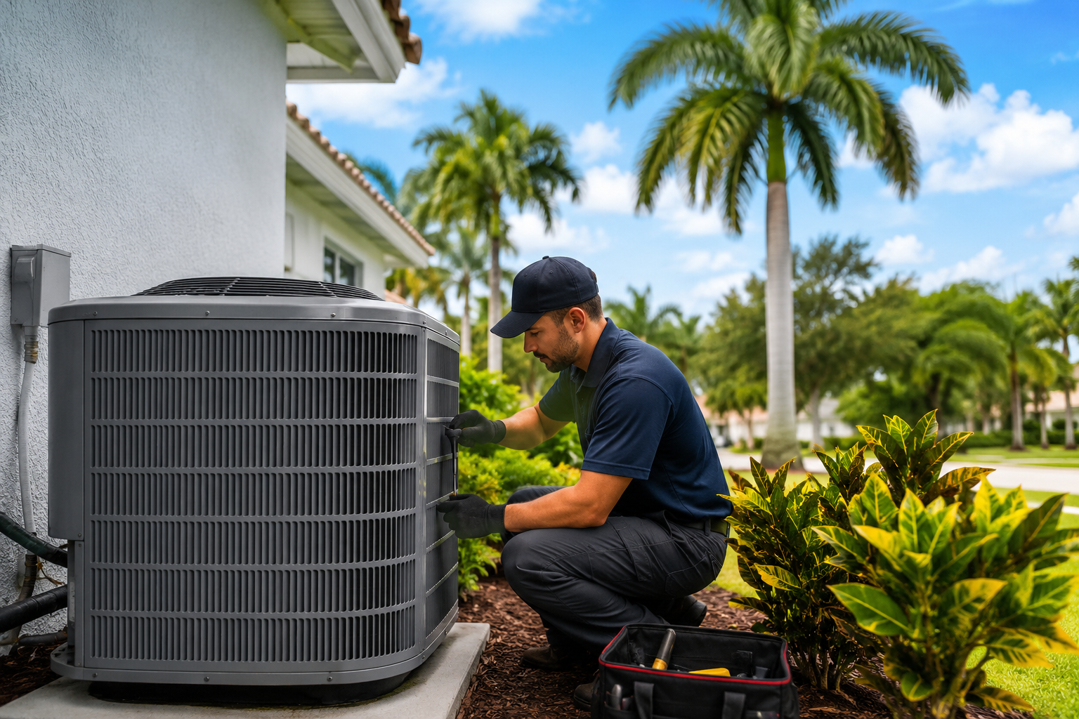 Technician servicing air conditioner in sun