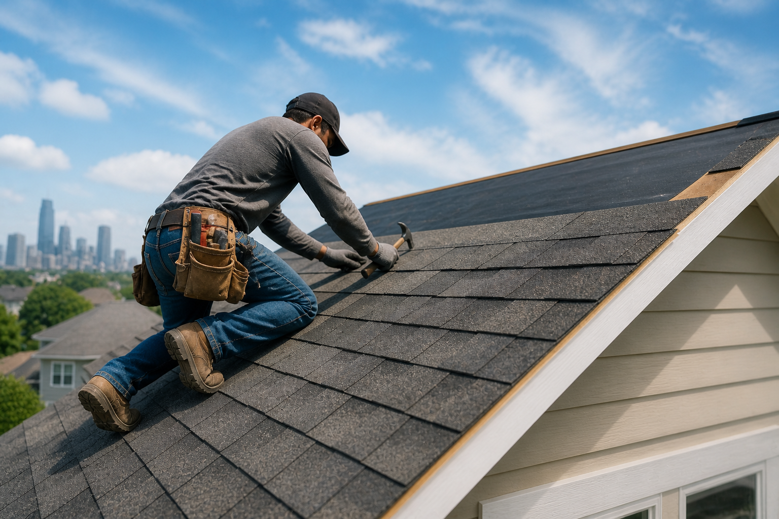 Roofer at work under a blue sky
