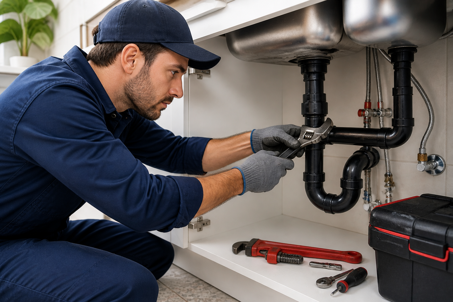 Plumber fixing pipes under sink